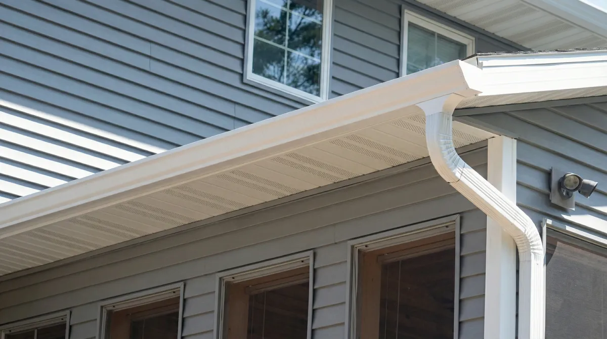 Professional home remodeling project showing newly installed white seamless gutters and downspouts on a house with gray siding in Stockton, CA