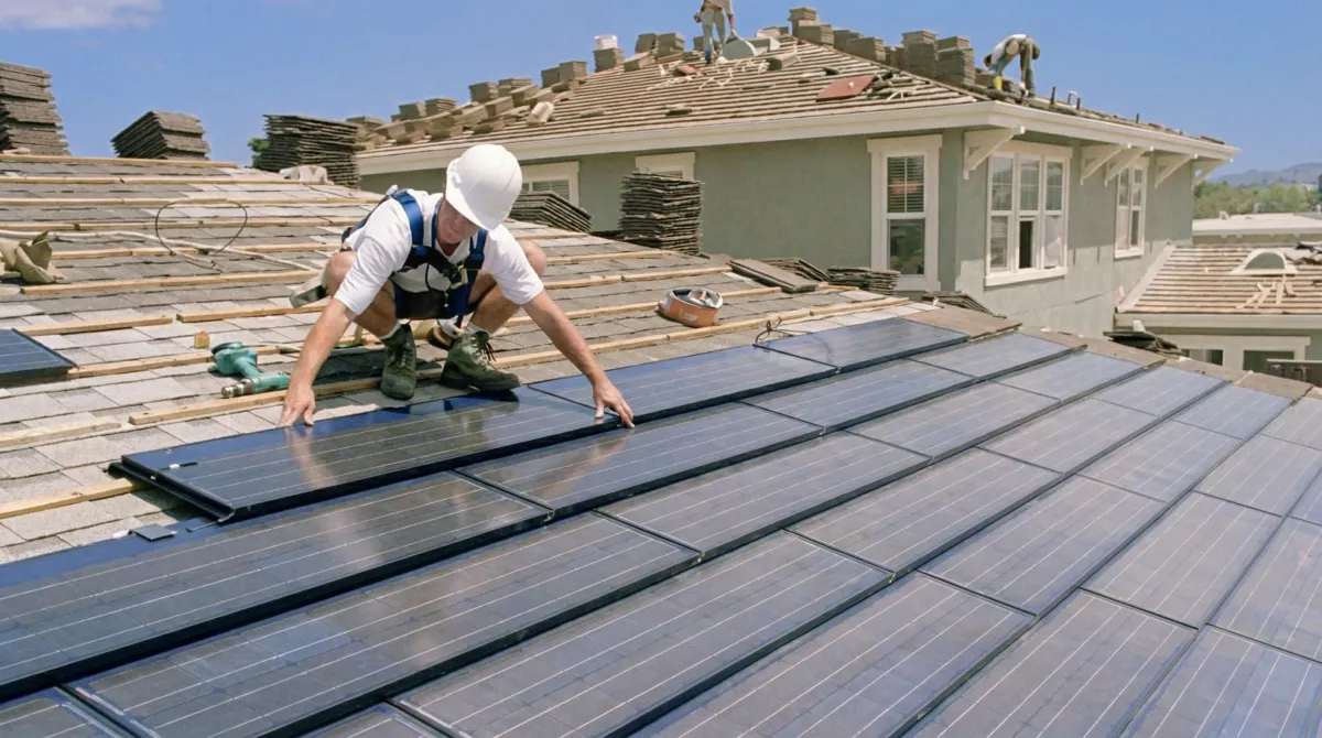 Roof replacement expert installing modern solar shingles on a residential home in Stockton, CA