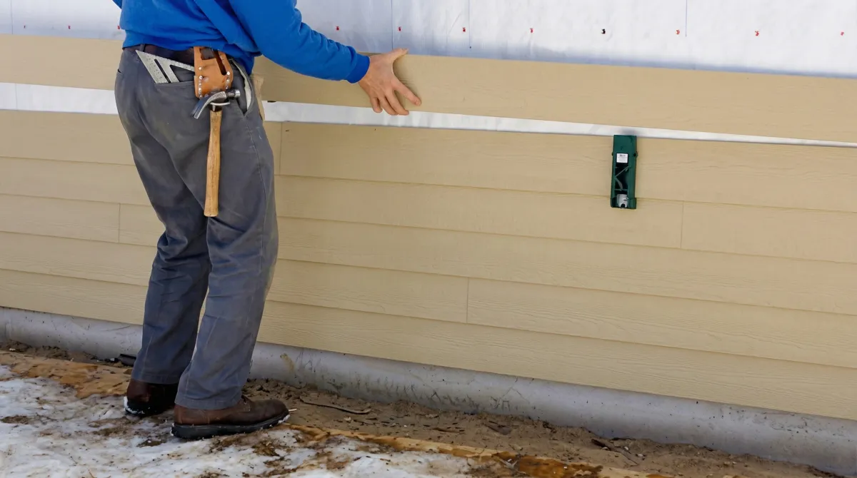 Siding replacement expert carefully aligning a new tan siding panel onto a residential exterior wall in Stockton, CA