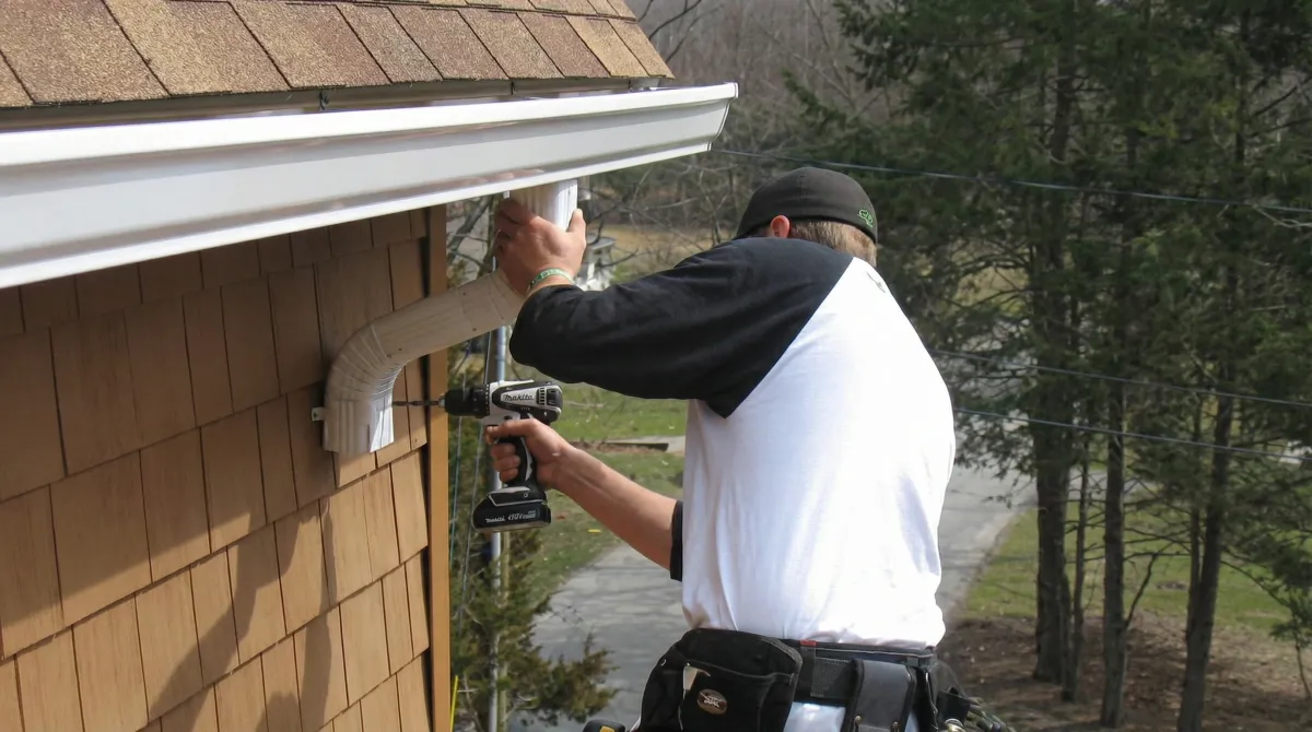 Professional contractor installing tan vinyl siding panels on a residential home exterior in Stockton, CA