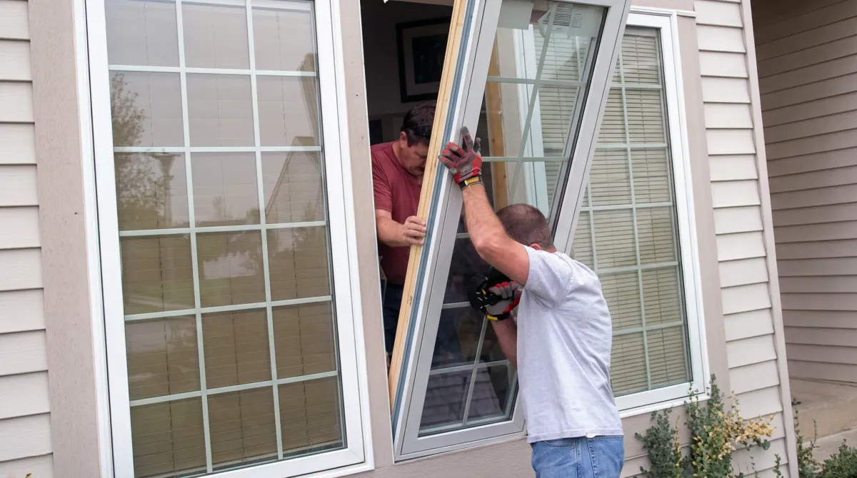 Professional home remodeling team installing a large replacement window on a house with tan siding in Stockton, CA
